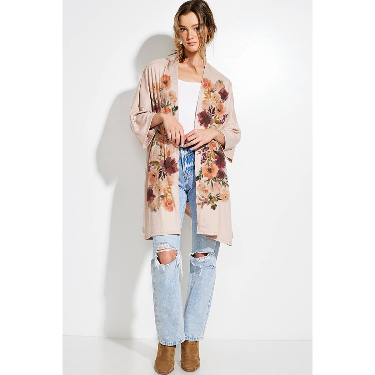 Flower-Print Kimono Cardigan