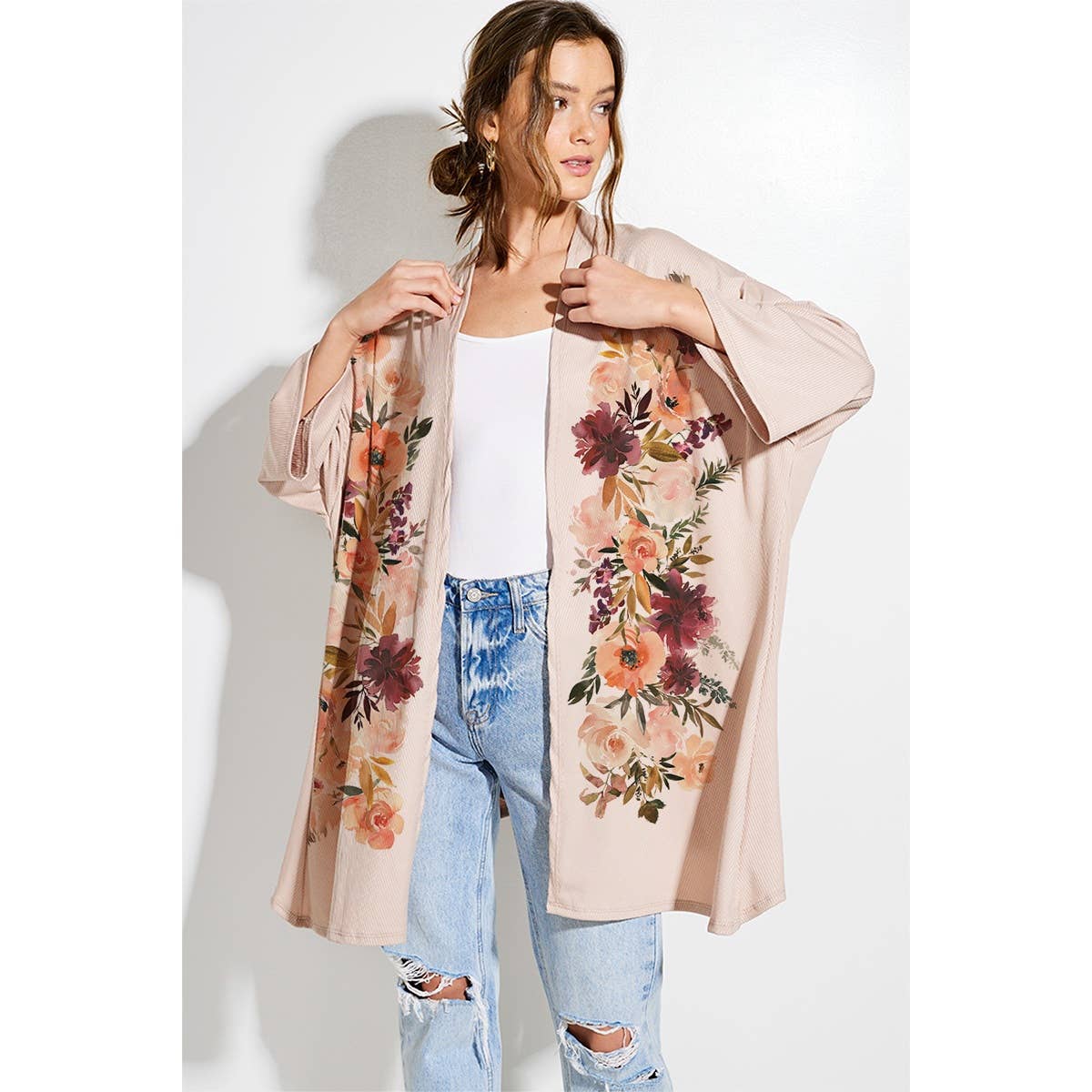 Flower-Print Kimono Cardigan